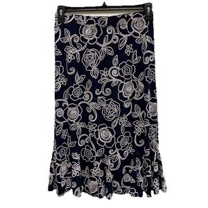 Navy Blue Midi Skirt With White Over Navy Stitched Floral Design Size S